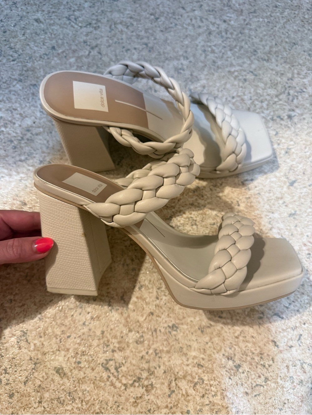 Dolce Vita Braided Double-Strap Block Heel Sandals - Beige